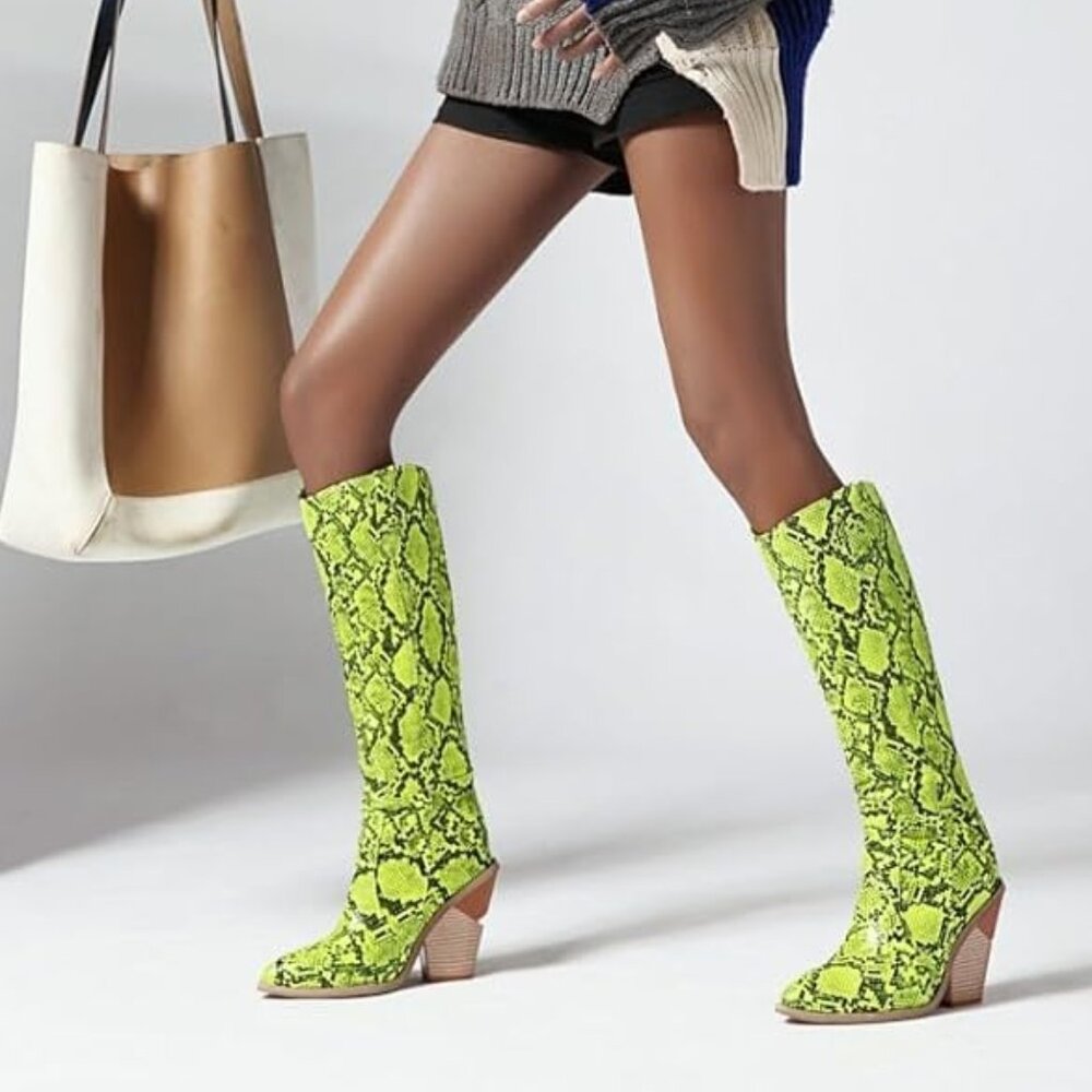 Snake Print Knee Green Western High Boots